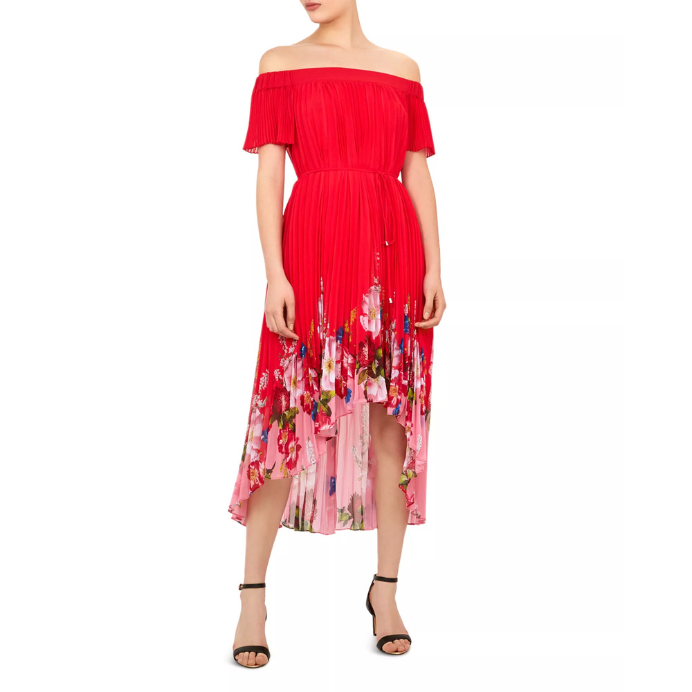 NWT Ted Baker Berry Sundae Bardot Floral Off-Shoulder Pleated Hi-low Dress Red 0